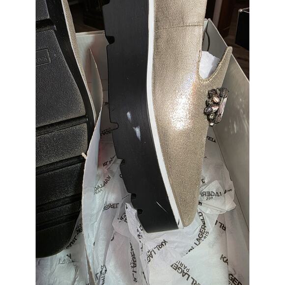 Karl Lagerfeld Paris Bri Loafer Flats Slip On Shoes Cream Rhinestone Womens 10 M - Picture 13 of 16